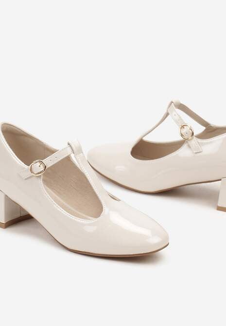 Białe Czółenka Lakierowane na Słupku Wykończone Sprzączką Velarise