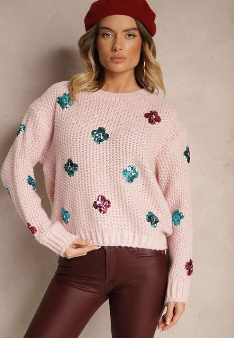 Jasnoróżowy Sweter z Wiskozą Zdobiony Cekinowymi Aplikacjami z Kwiatami Edalora