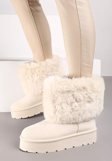 Beżowe Śniegowce na Grubej Podeszwie Ozdobione Futerkiem Naolani