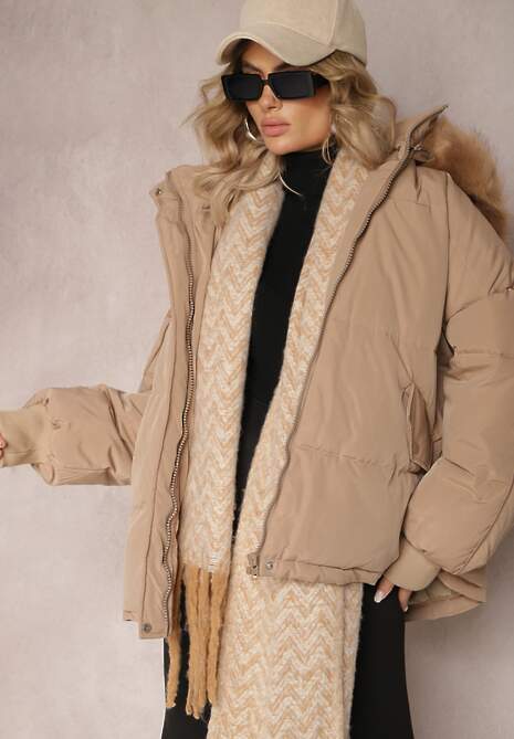 Ciemnobeżowa Kurtka Oversize z Futrzanym Kapturem Haduni