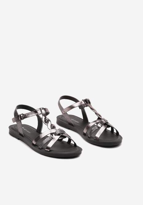 Czarne Płaskie Sandały z Imitacji Skóry Zapinane na Sprzączkę Obianna