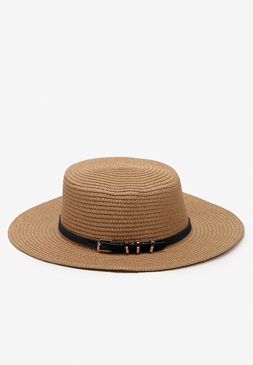 Ciemnobeżowy Kapelusz z Plecionki z Paskiem i Szerokim Rondem Aspicaia