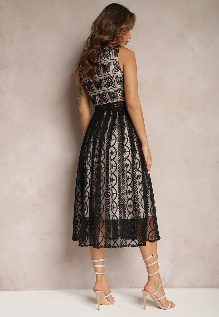 Czarna Plisowana Sukienka na Ramiączkach z Ozdobnym Wzorem i Suwakiem Mirilla