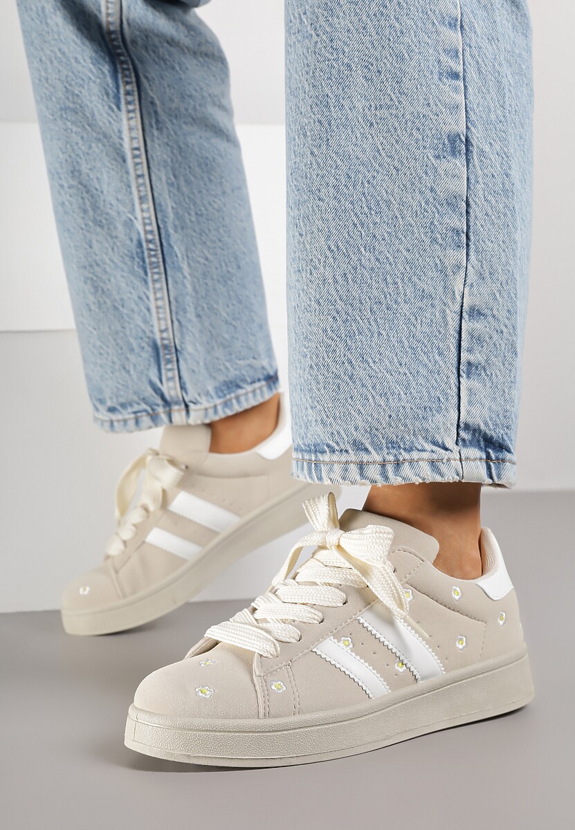 Beżowe Sneakersy Ozdobione Haftowanymi Kwiatami i Paskami Malirelle