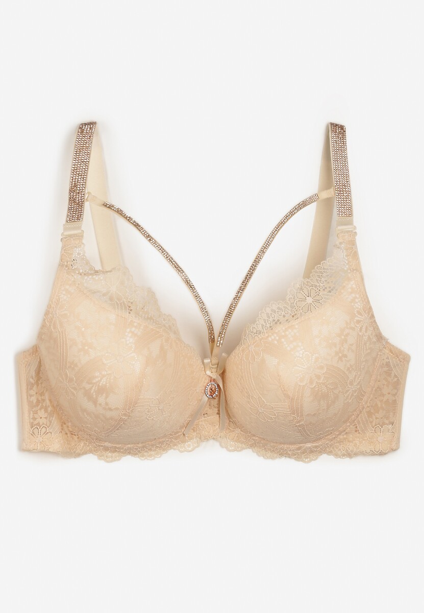 Jasnobeżowy Biustonosz Full Cup z Koronką Cyrkoniami i Ozdobnym Paskiem na Regulowanych Ramiączkach Vladia