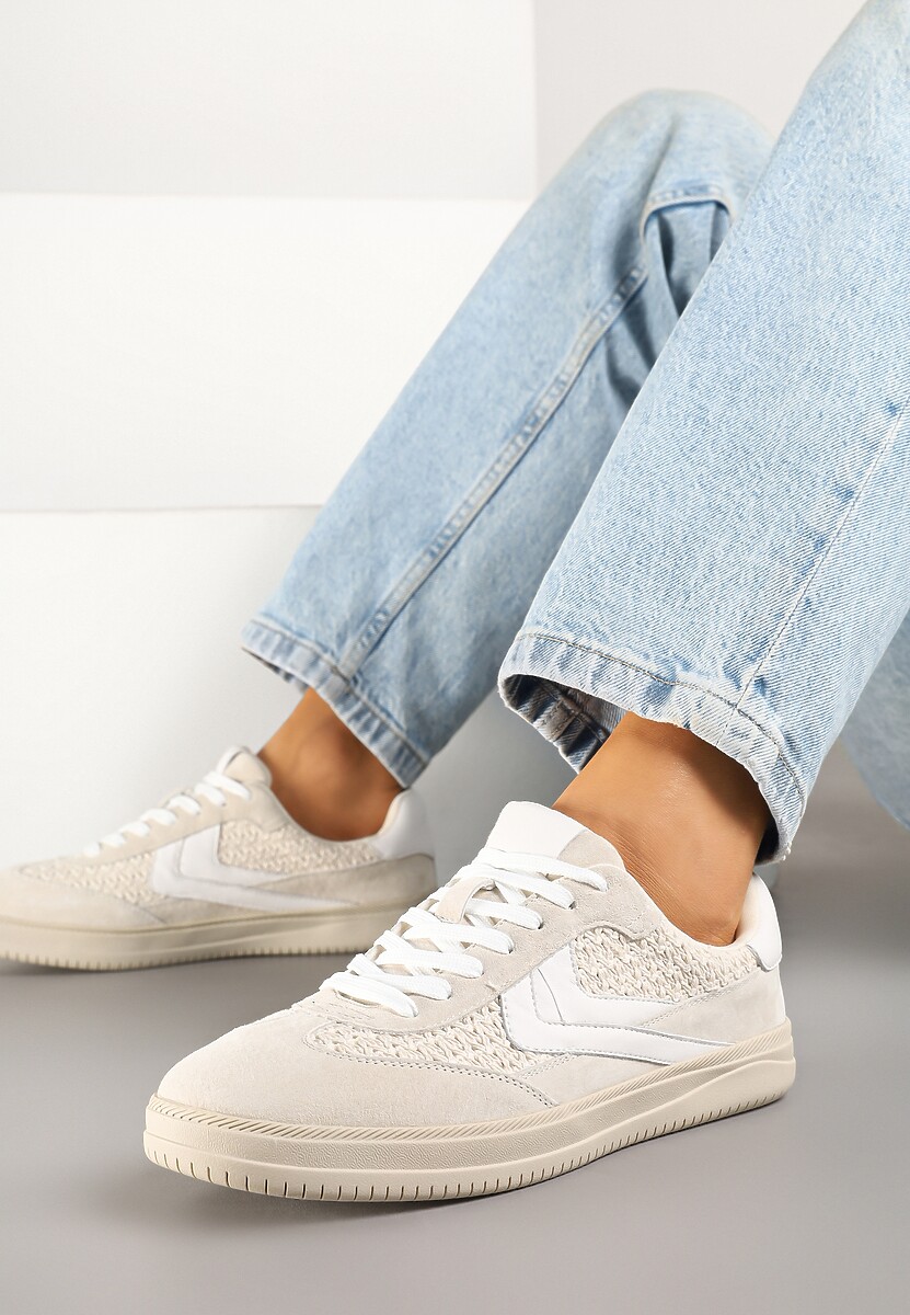 Jasnobeżowe Sneakersy ze Skóry Naturalnej w Stylu Kultowych Tenisówek Faloretia