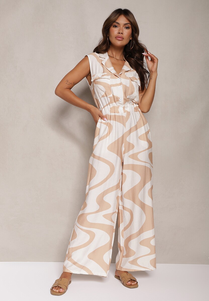 Beżowy Kombinezon z Szerokimi Nogawkami Gumką w Talii w Abstrakcyjny Print Privia