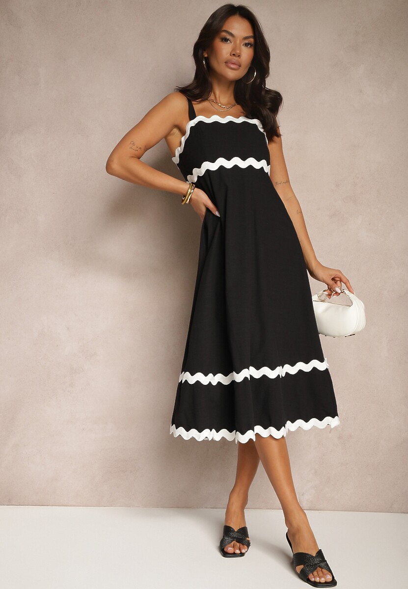 Czarna Sukienka z Wiskozą i Bawełną na Ramiączkach z Geometrycznym Wzorem Ilanvia