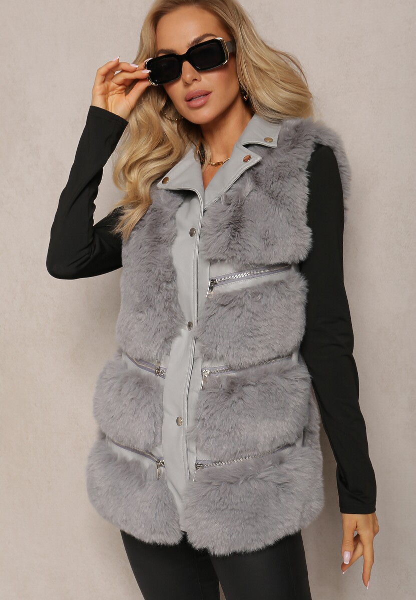 Szara Futrzana Kamizelka z Ozdobnymi Suwakami Sittame