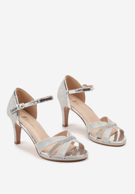 Srebrne Eleganckie Sandały z Ekoskóry na Szpilce Ozdobione Cyrkoniami Aldenima