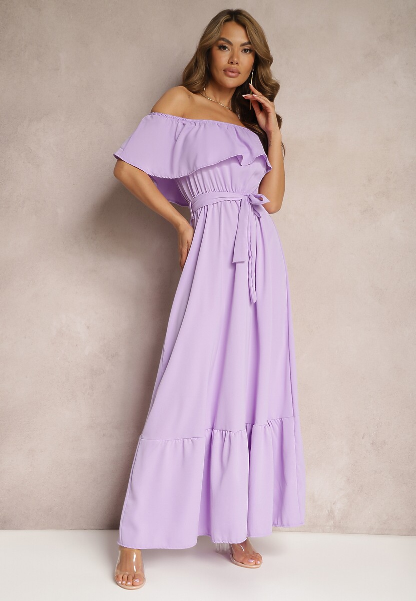 Fioletowa Hiszapanka Sukienka o Rozkloszowanym Fasonie z Falbanką Naviara