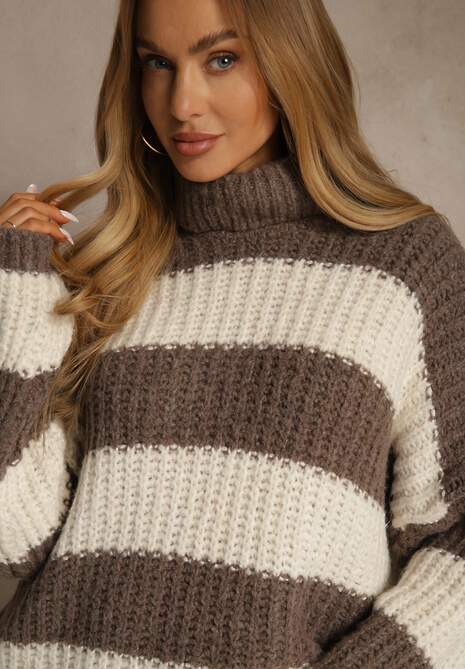 Brązowy Golf z Wiskozą i Wełną Ozdobiony Motywem Pasków Monorra