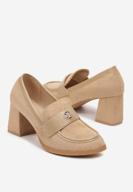 Ciemnobeżowe Półbuty na Grubym Słupku z Paskiem z Klamerką Elire