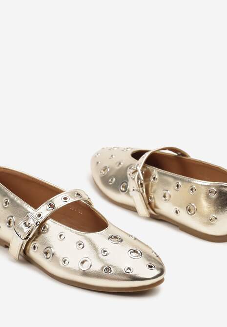 Złote Balerinki w Metalowe Okręgi ze Sprzączką Lialitte