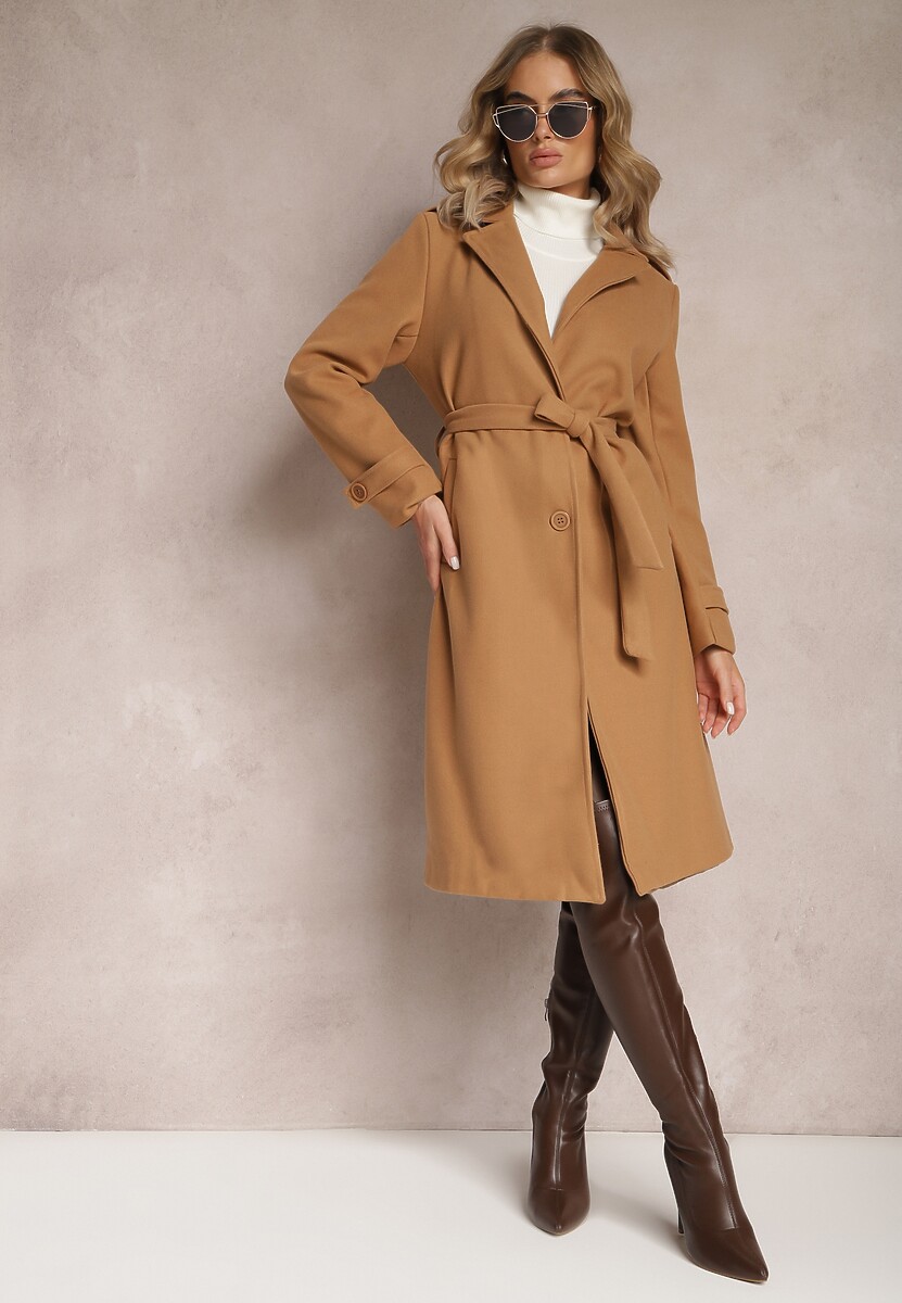 Beżowy Płaszcz Jednorzędowy z Paskiem Oronice