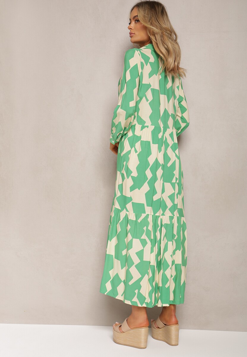 Zielono-Beżowa Koszulowa Sukienka Maxi w Geometryczny Wzór Qerida