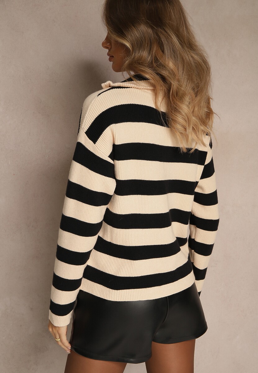 Czarno-Beżowy Sweter w Paski z Suwakiem przy Dekolcie Ralanae