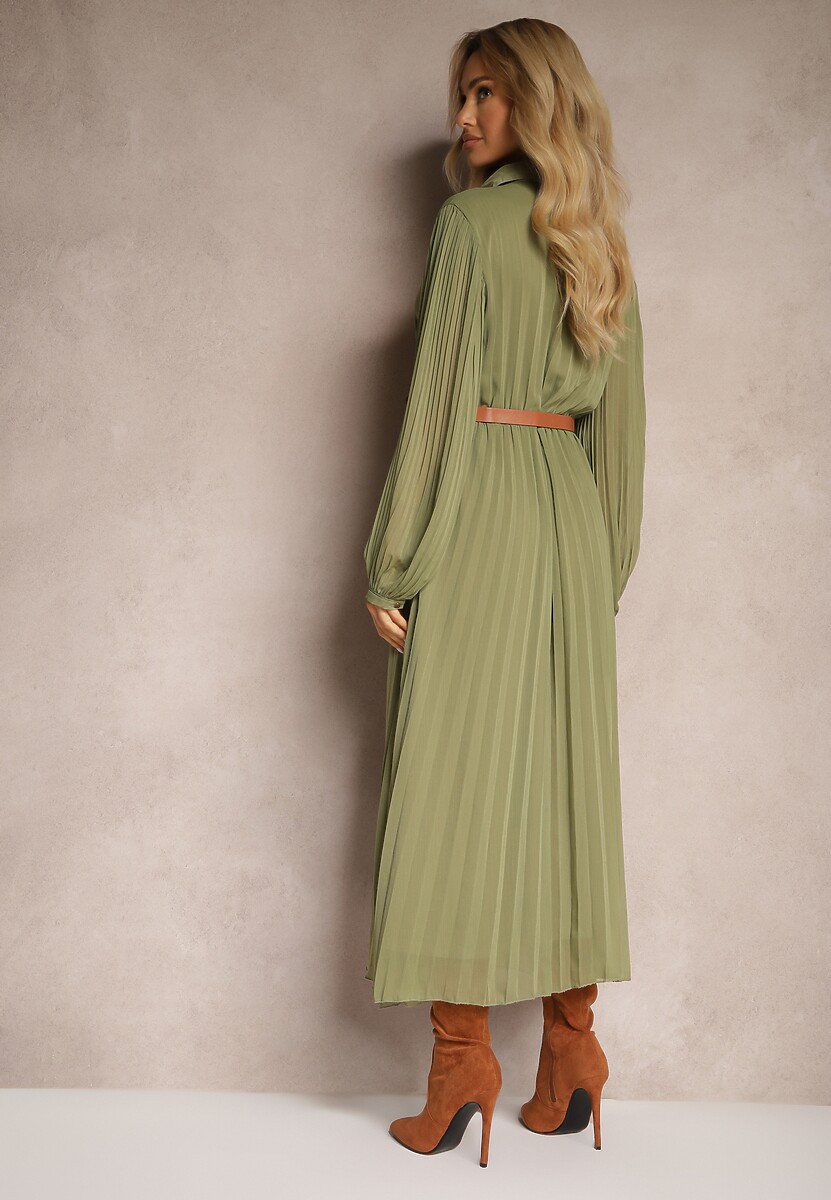 Zielona Koszulowa Sukienka z Plisami i Dodatkowym Paskiem Miarosea