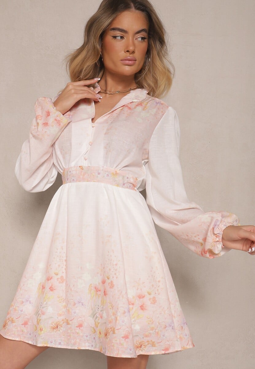 Różowa Rozkloszowana Sukienka w Kwiatowy Wzór ze Zwiewnymi Rękawami Ishiris