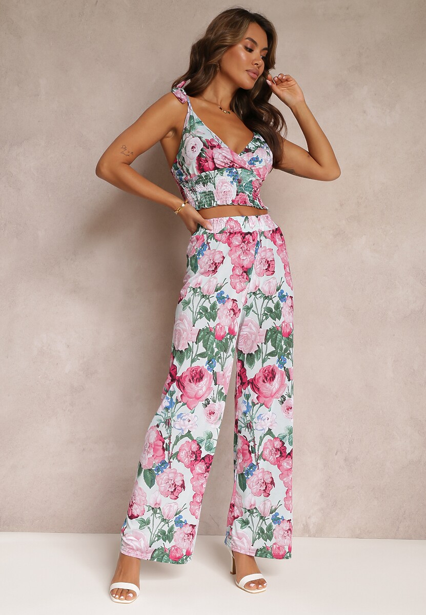 Jasnoniebieski Kwiecisty Komplet 2-częściowy z Topem i Spodniami Tartisa