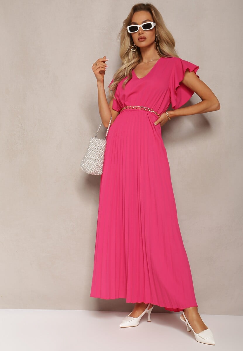 Ciemnoróżowa Rozkloszowana Sukienka z Plisami Maxi z Falbankami przy Ramionach Nethula