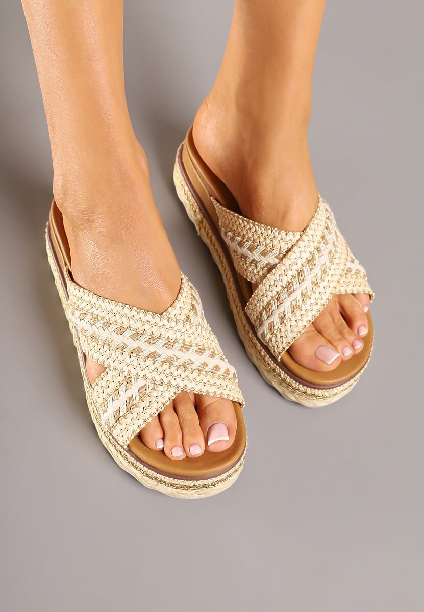 Beżowe Klapki z Plecionki na Grubej Podeszwie w Stylu Boho Nimisse