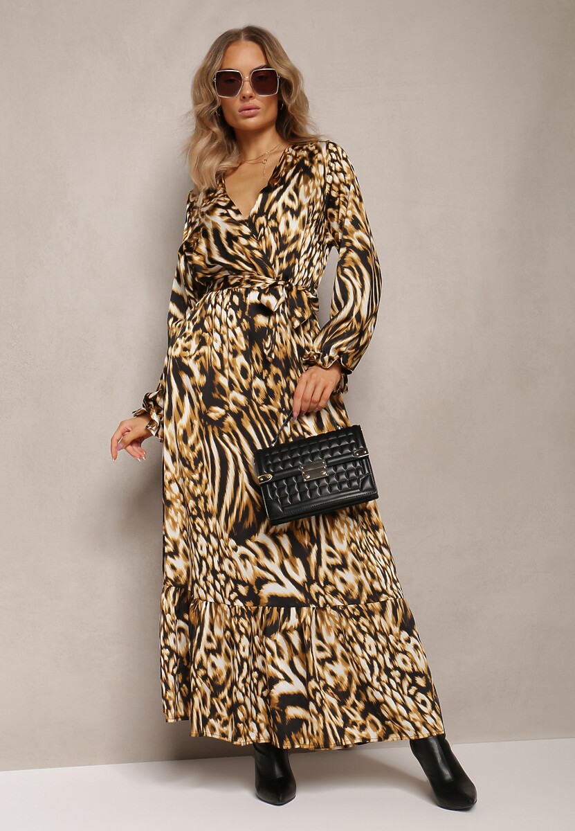 Brązowa Rozkloszowana Sukienka z Gumką w Talii i Kopertowym Dekoltem Janiis