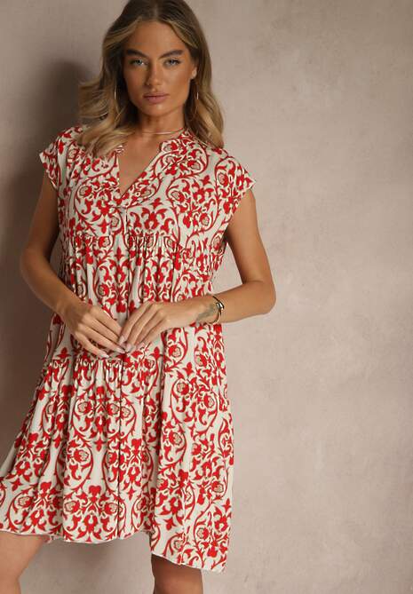 Czerwona Rozkloszowana Sukienka z Bawełny z Falbanką  Livalia