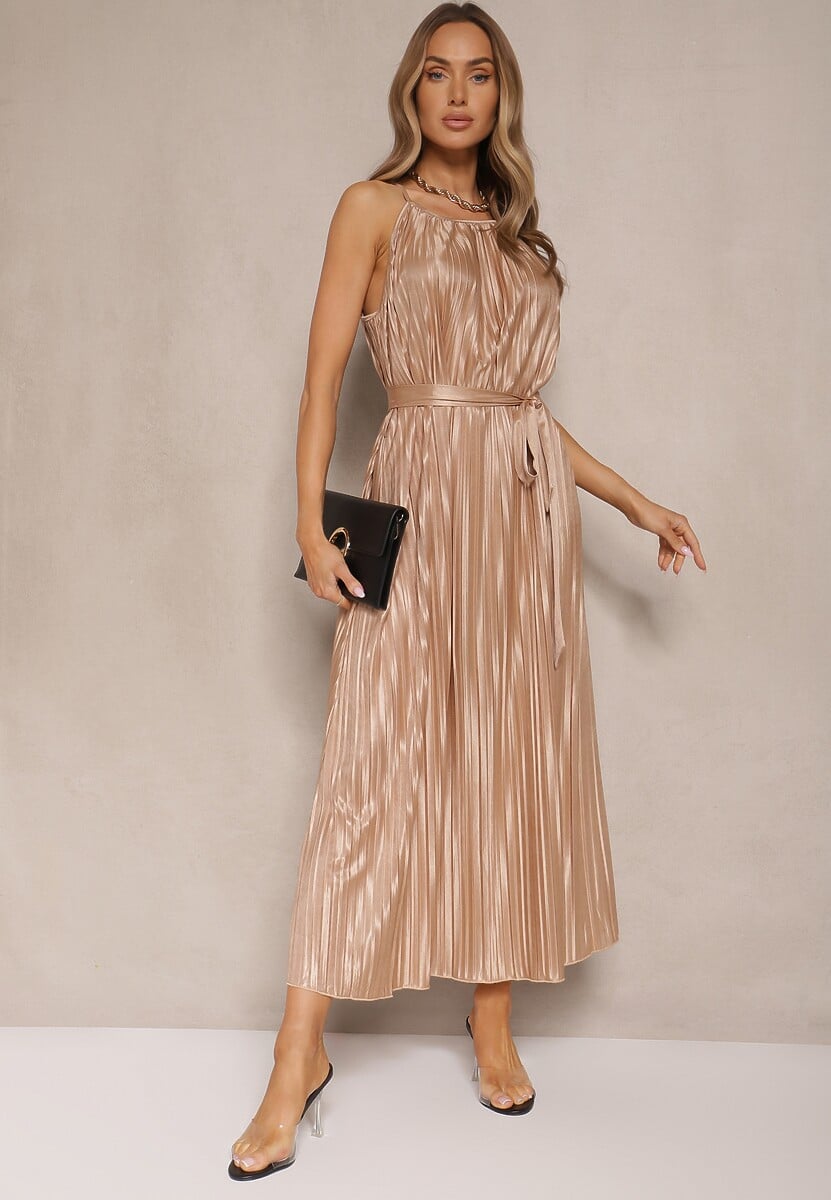 Ciemnobeżowa Sukienka Plisowana z Paskiem w Talii na Cienkich Ramiączkach Wasea