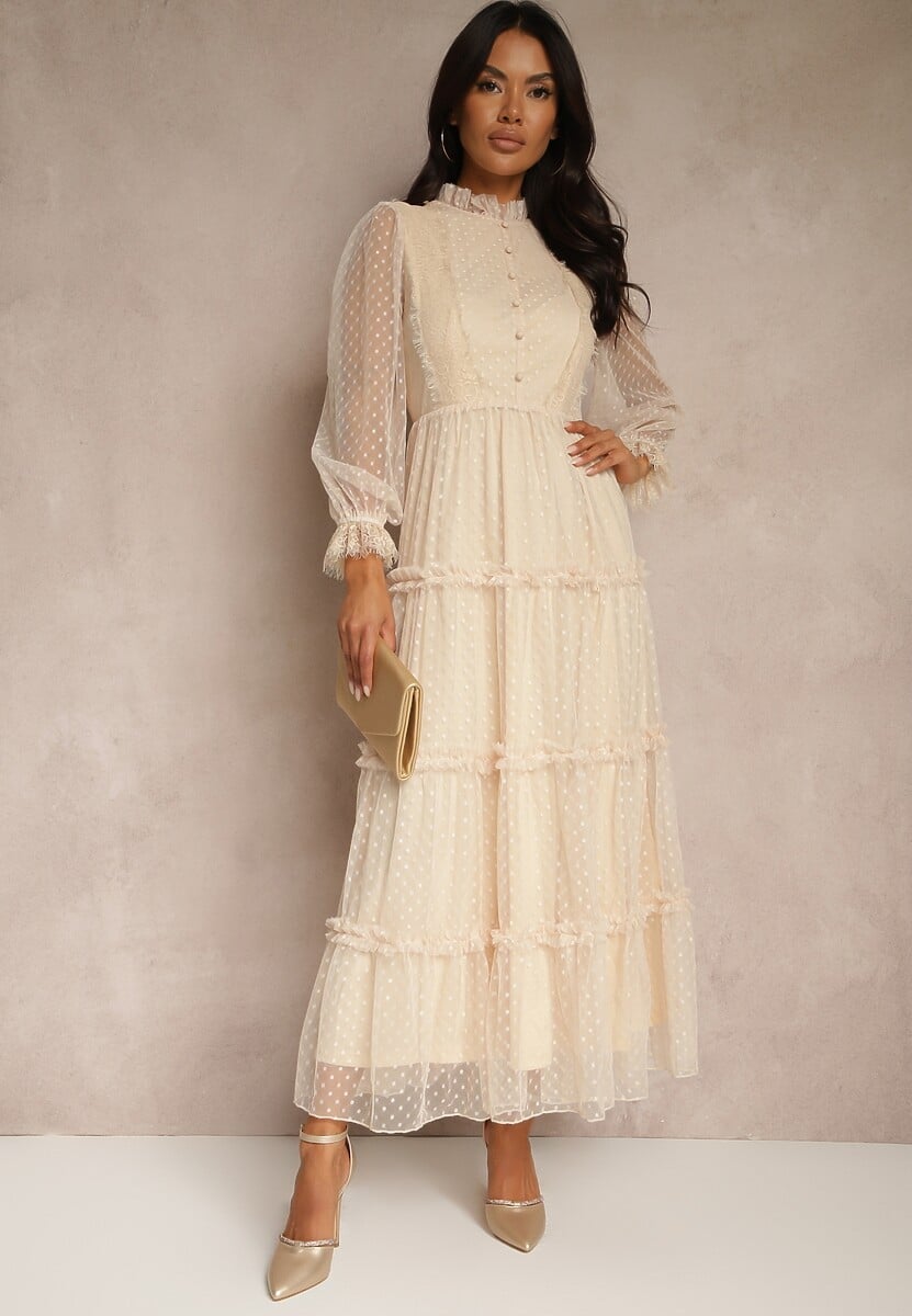 Beżowa Tiulowa Sukienka Maxi ze Wstawkami z Koronki i Ozdobnymi Guzikami Aovena