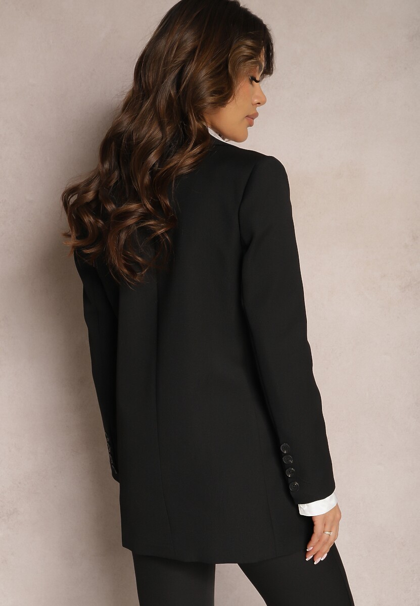 Czarna Marynarka Dwurzędowa z Frędzlami przy Kieszeniach Marla