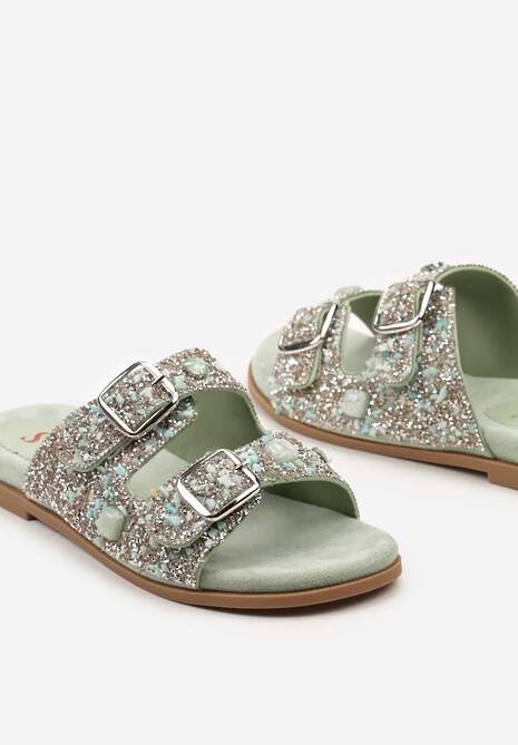 Zielone Klapki ze Sprzączkami Ozdobione Cyrkoniami i Kryształkami Elisnella