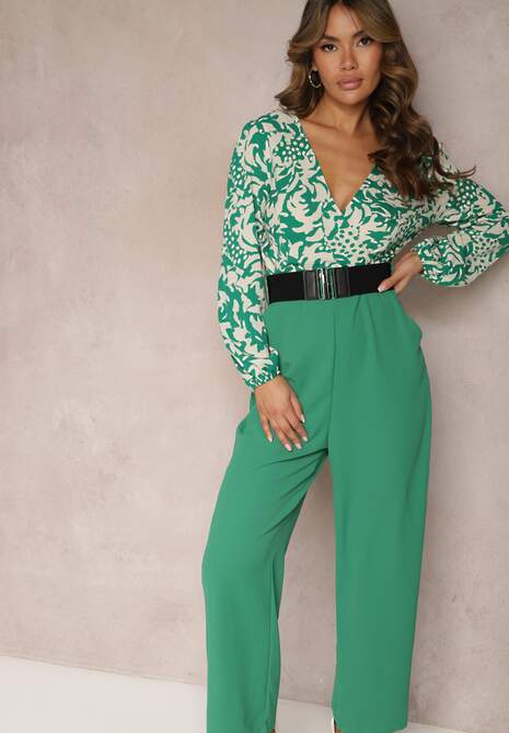 Zielono-Biały Kombinezon w Print z Paskiem i Szerokimi Nogawkami Stuvana