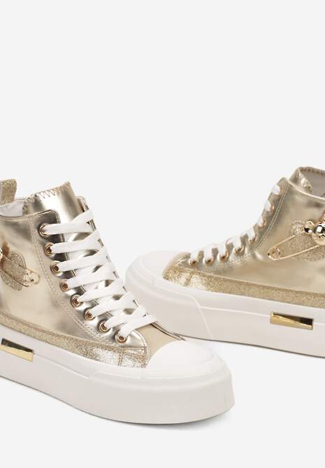 Złote Trampki z Wysoką Cholewką na Platformie Wykończone Brokatową Broszką Terilaina