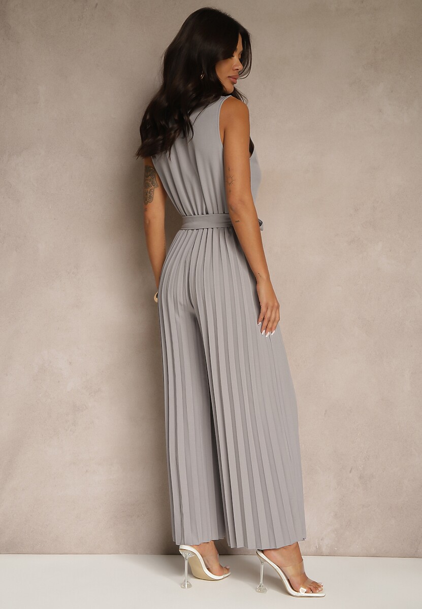 Szary Kombinezon Taliowany w Garniturowym Stylu z Paskiem i Guzikami Fillomia