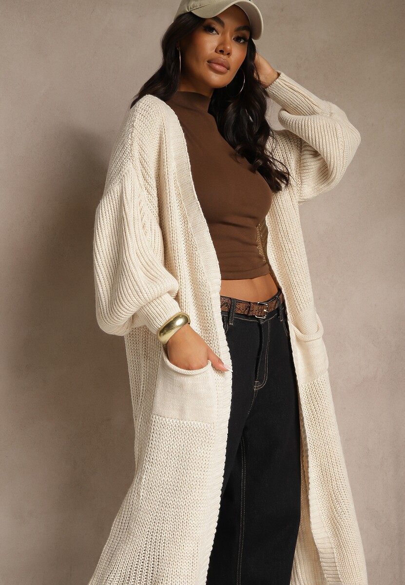 Jasnobeżowy Kardigan Długi z Bufiastym Rękawem Mesho