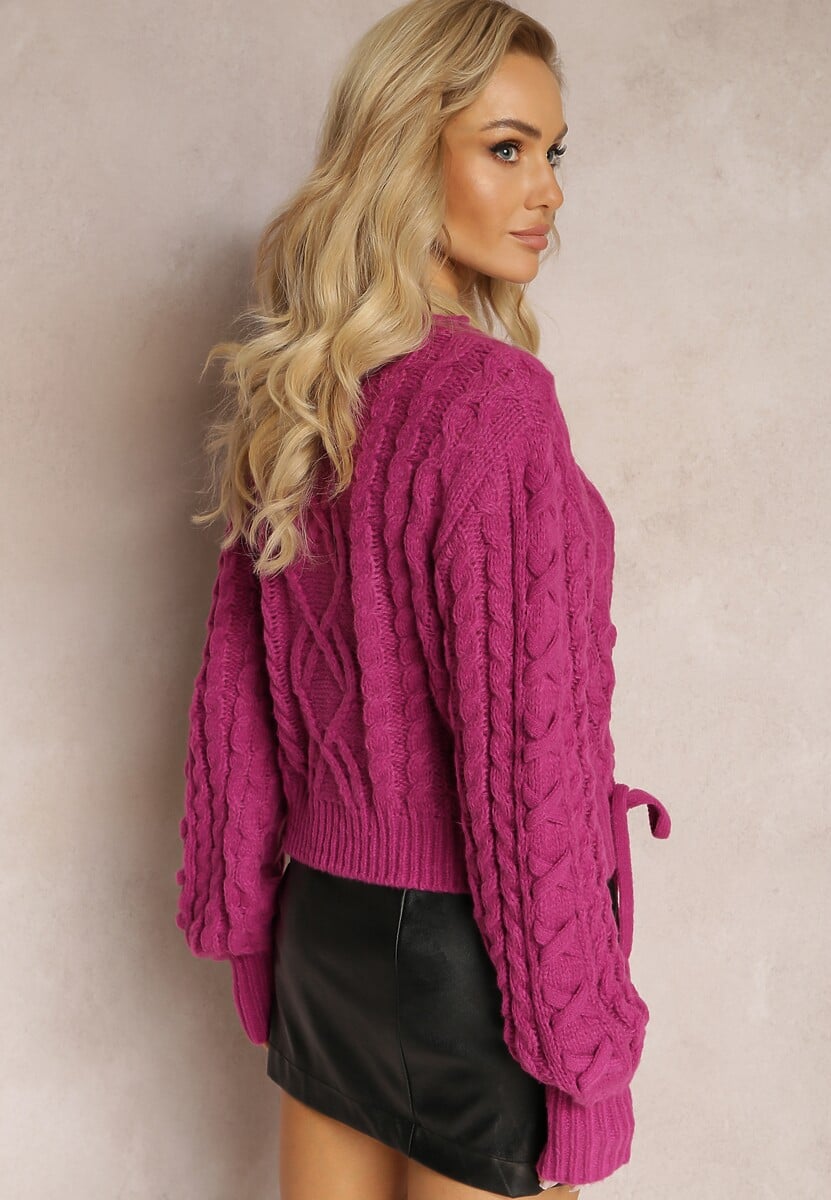 Ciemnofioletowy Sweter z Ozdobnym Sznurowaniem na Dole i Ściągaczami Miritu