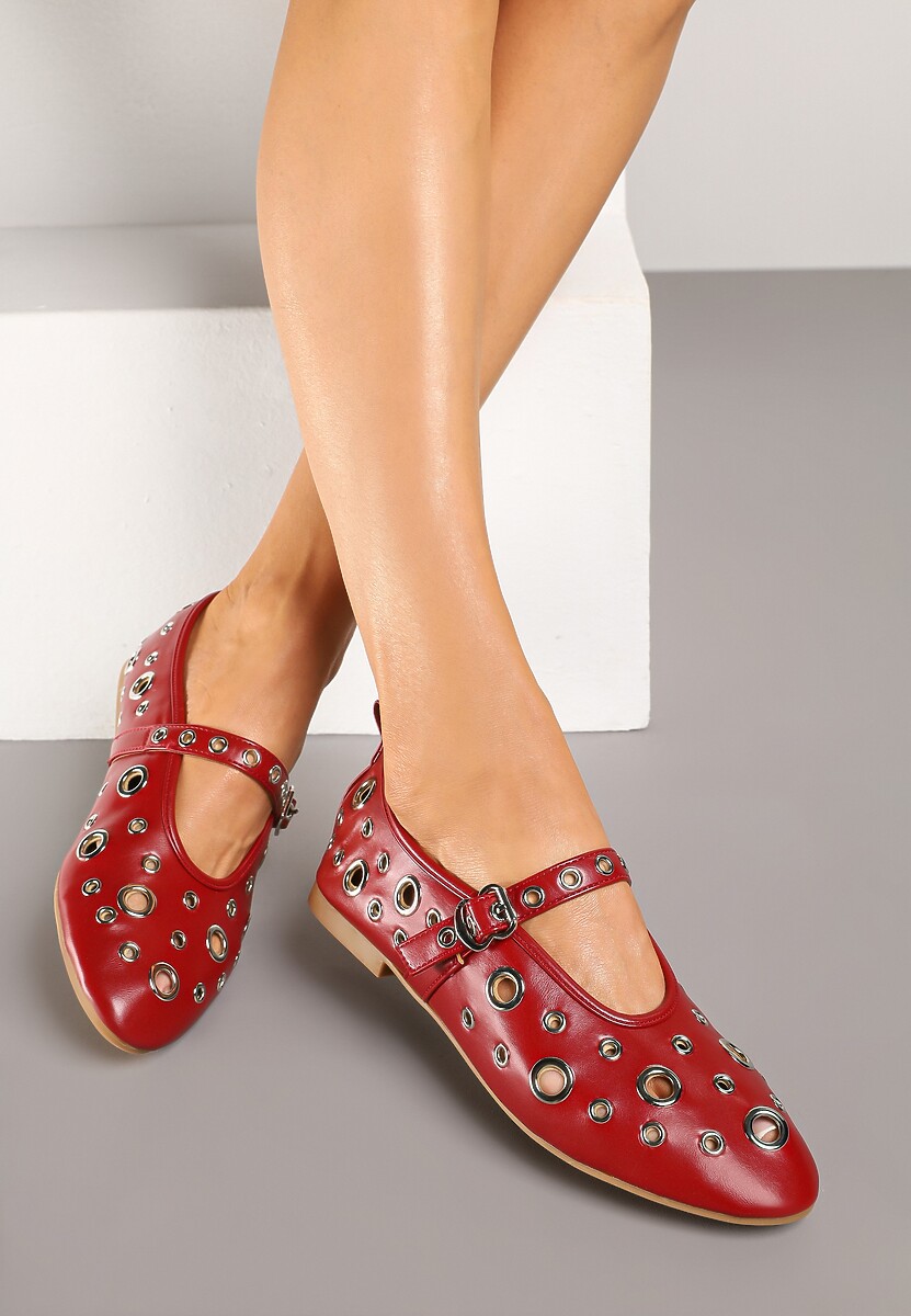 Czarne Balerinki Ozdobione Paskiem i Metalicznymi Aplikacjami Erathira