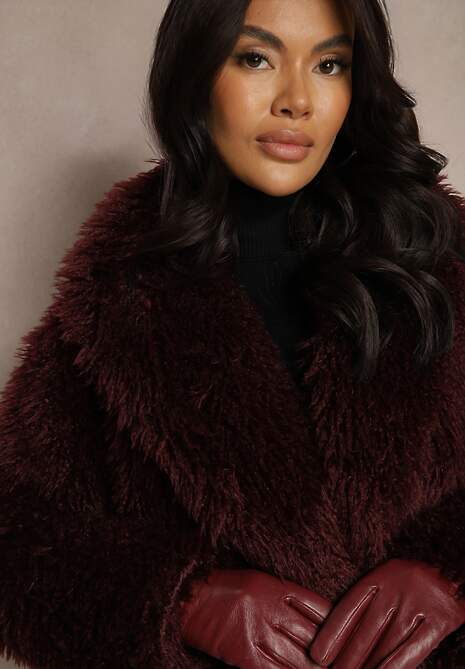 Bordowa Krótka Kurtka Futerko z Szerokim Kołnierzem Areti