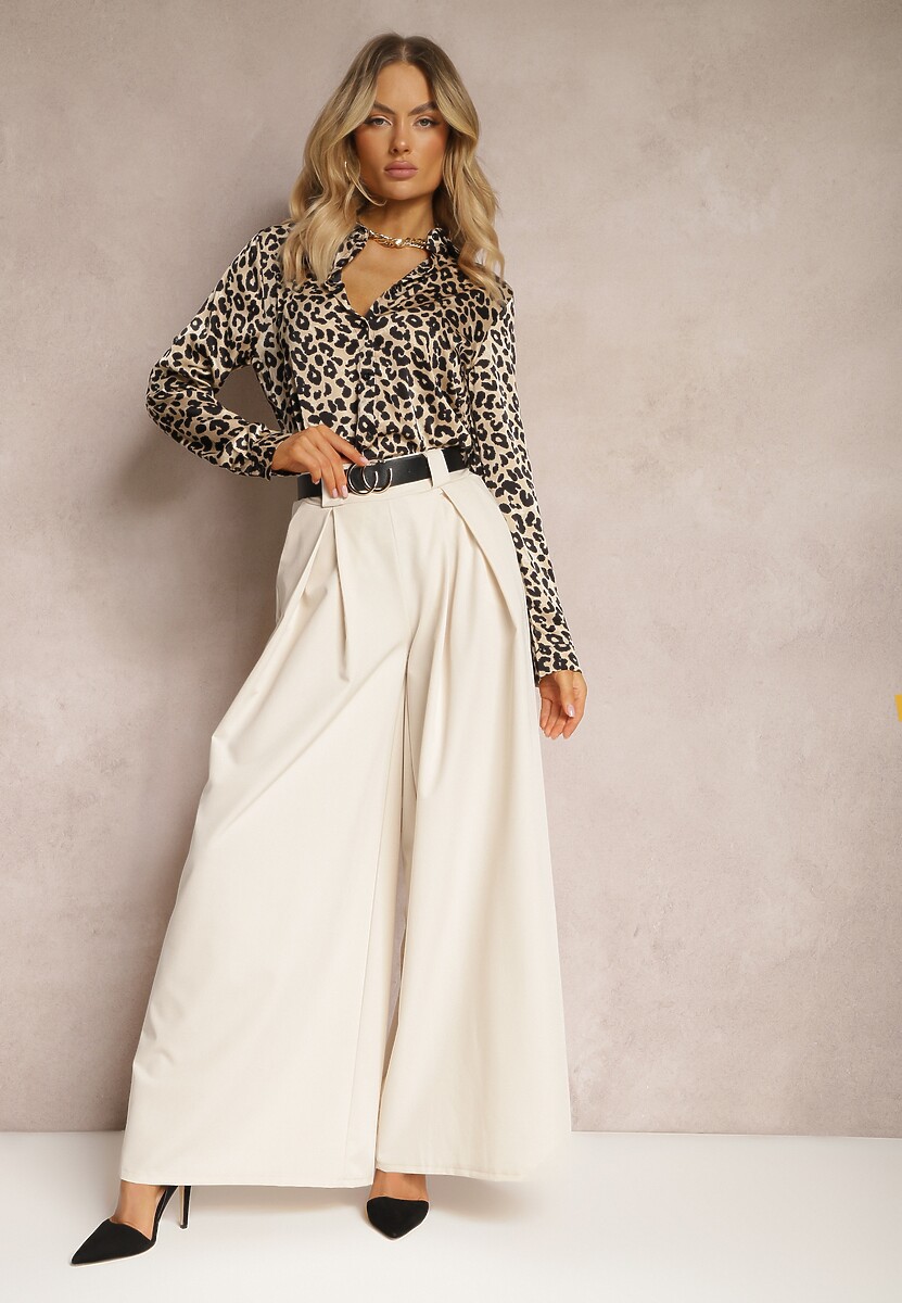 Beżowe Spodnie High Waist z Szerokimi Nogawkami i Paskiem Brillara