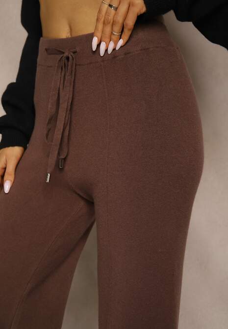 Brązowe Spodnie Wide Leg High Waist z Dodatkiem Kaszmiru Nevalla