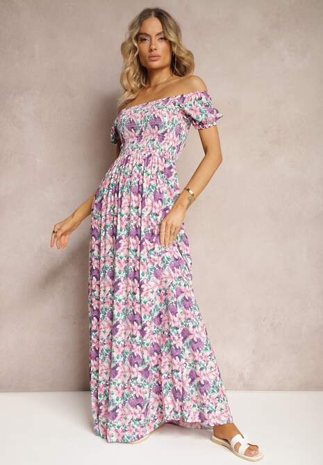 Fioletowo-Różowa Hiszpanka Sukienka o Rozkloszowanym Kroju i Gumkami przy Dekolcie Kaseria