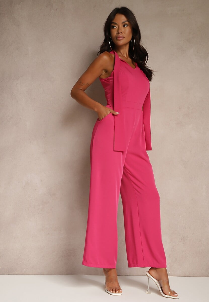 Fuksjowy Kombinezon Wide Leg z Ozdobnym Wiązaniem przy Szyi Silelia