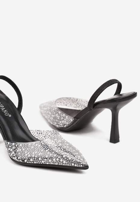 Czarne Szpilki z Odkrytą Piętą Transparentną Cholewką I Cyrkoniami Arstaria