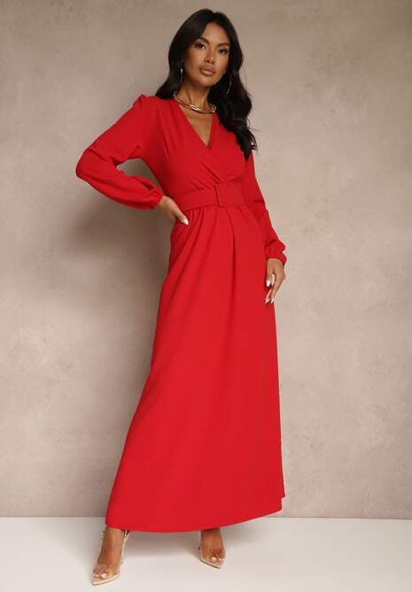 Czerwona Koktajlowa Sukienka o Rozkloszowanym Kroju z Ozdobnym Paskiem Feliera