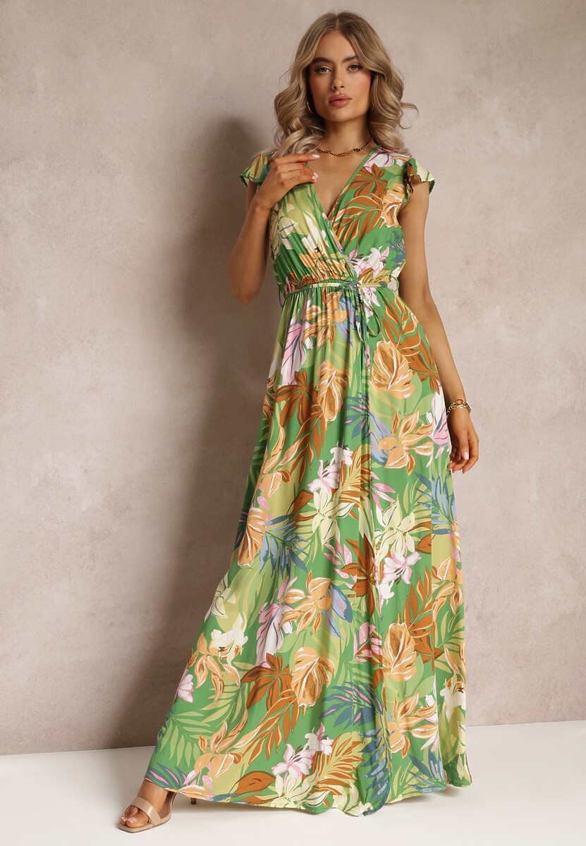Zielona Rozkloszowana Sukienka Maxi z Wiskozy w Kwiaty Shalu