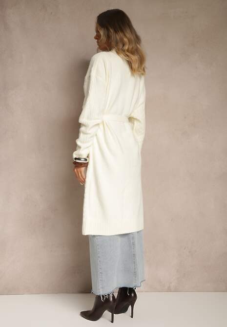 Jasnobeżowy Tłoczony Kardigan z Wełną o Kroju Bez Zapięć z Paskiem Dorrive