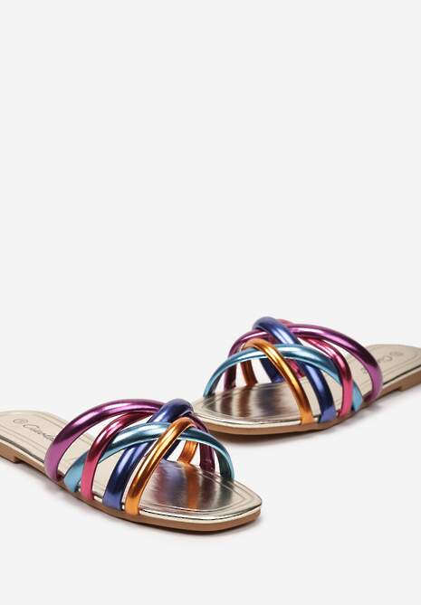 Złote Płaskie Klapki Otwarte z Ozdobnymi Paskami Vemina