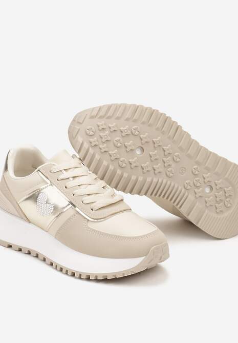 Beżowe Sneakersy z Naszywką Serduszka i Piankową Platformą Timera