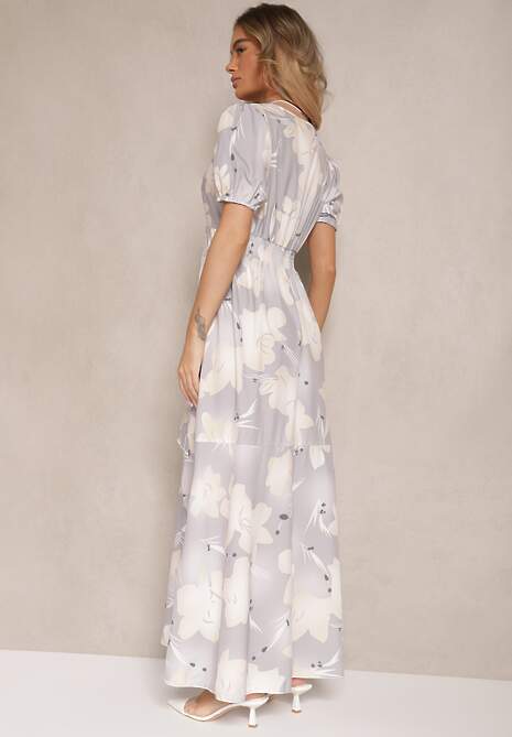 Jasnoszara Kopertowa Sukienka z Kwiatowym Wzorem i Falbanką Tdivona